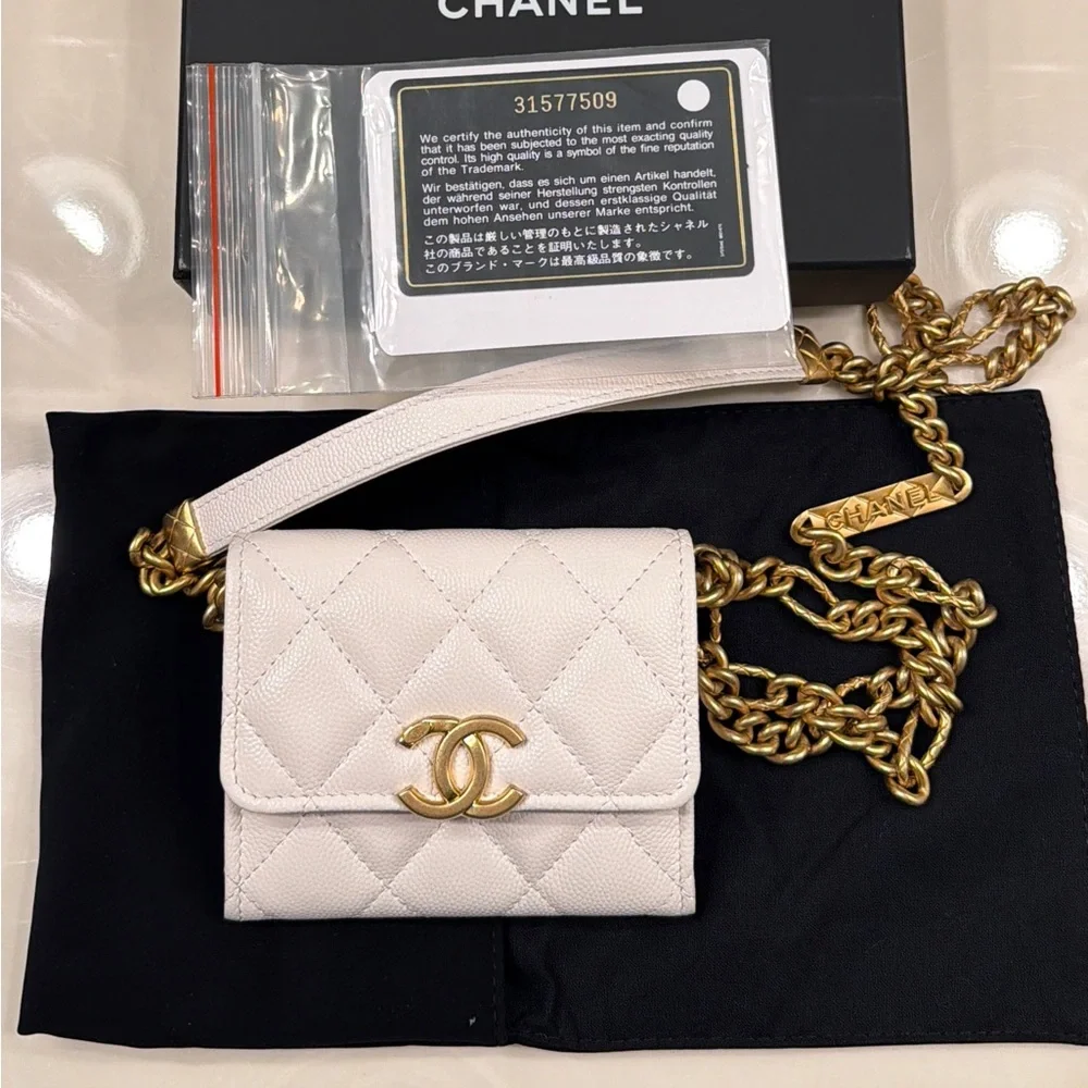 CHANEL Cream Quilted Caviar Leather Mini Wallet on Gold Chain